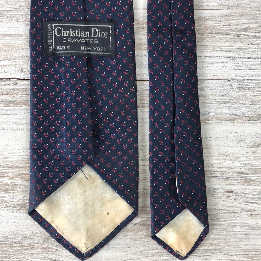 Vtg Christian Dior Navy Red Skinny Polyester Tie - Picture 7 of 8